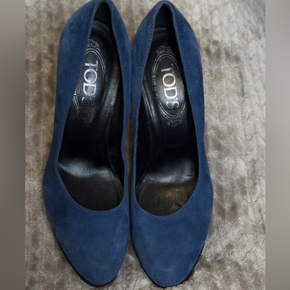Tod's Pump Blue Suede Pointed Toe Size 36.5 Covered Platform Heel - Picture 4 of 9